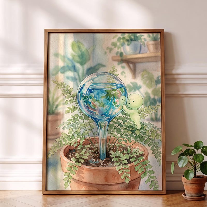 Smiski Inspired Poster, Glass Watering Globe Plant Decor