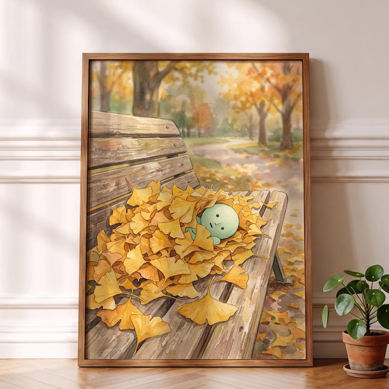 Smiski Inspired Poster, Golden Autumn Ginkgo Leaf Wall Art
