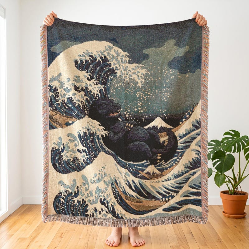 Godzilla Ukiyo-E Wave Inspired Woven Blanket, Sleepy Kaiju Monster Throw