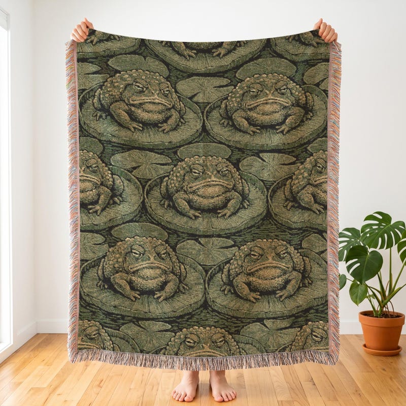 Botanical Pond Inspired Woven Blanket, Grumpy Japanese Toad Art