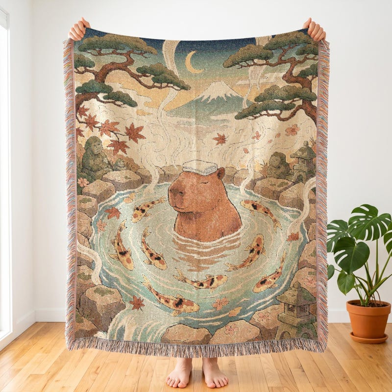 Capybara Onsen Inspired Woven Blanket, Serene Japandi Koi Throw