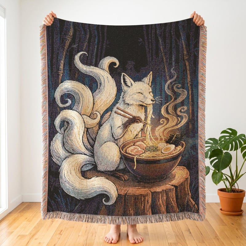 Kitsune Fox Inspired Woven Blanket, Moody Midnight Ramen Art