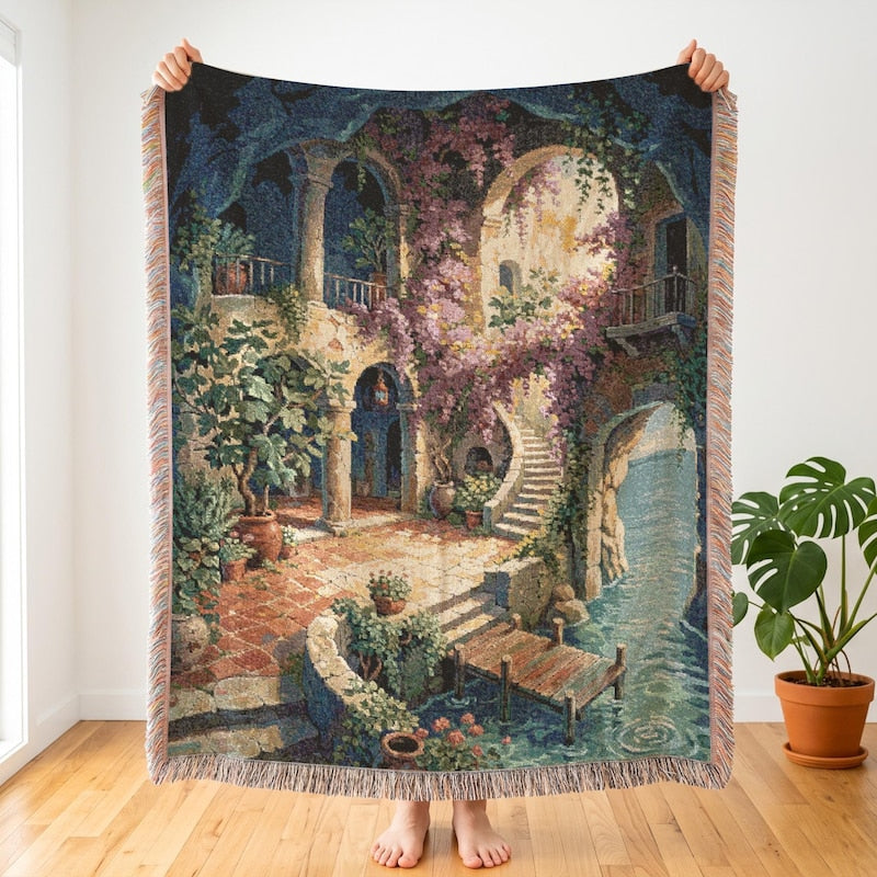Porco Rosso Inspired Woven Blanket, Overgrown Coastal Garden