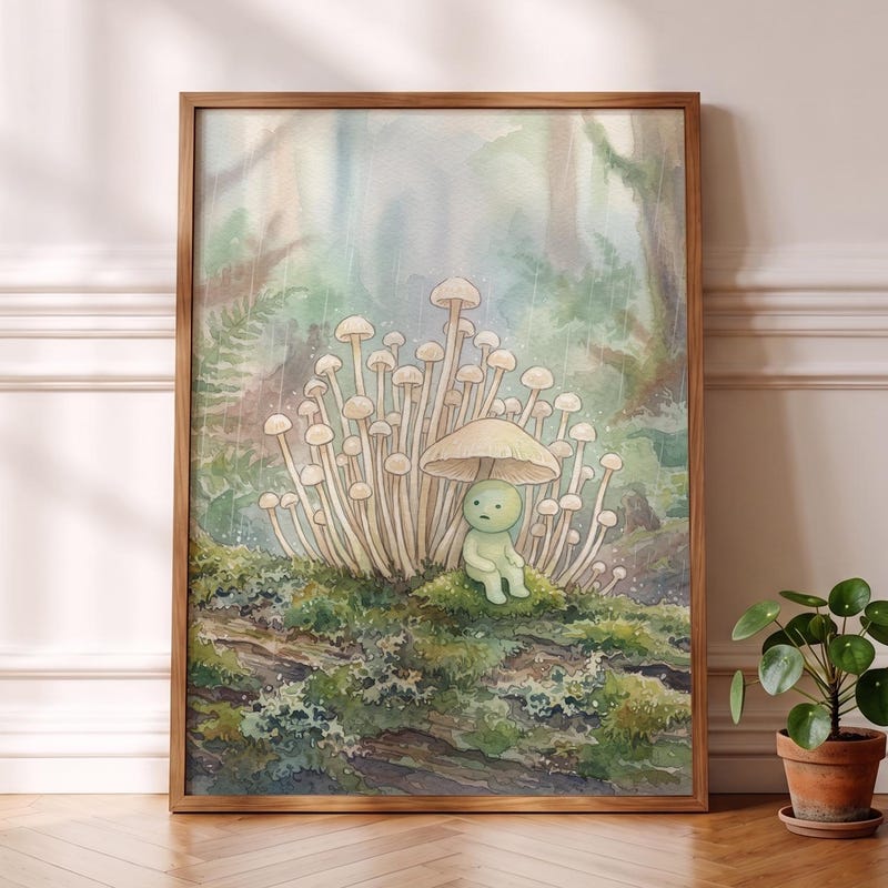 Mushroom Umbrella Smiski Inspired Poster, Kawaii