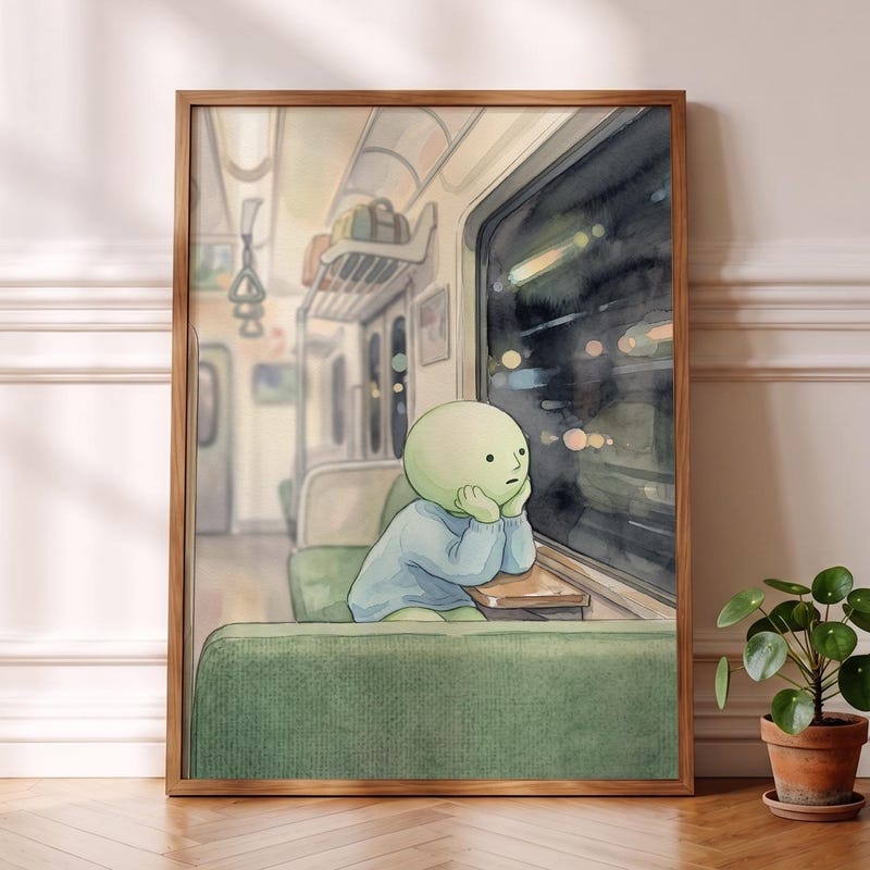 Subway Window Smiski Inspired Poster, Cozy Anime