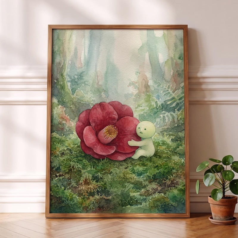 Camellia Flower Smiski Inspired Poster, Cozy Art