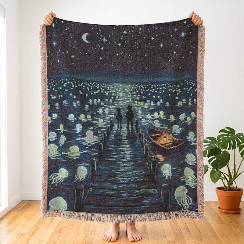 Stardew Valley Inspired Woven Blanket, Moonlight Jelly, Willy
