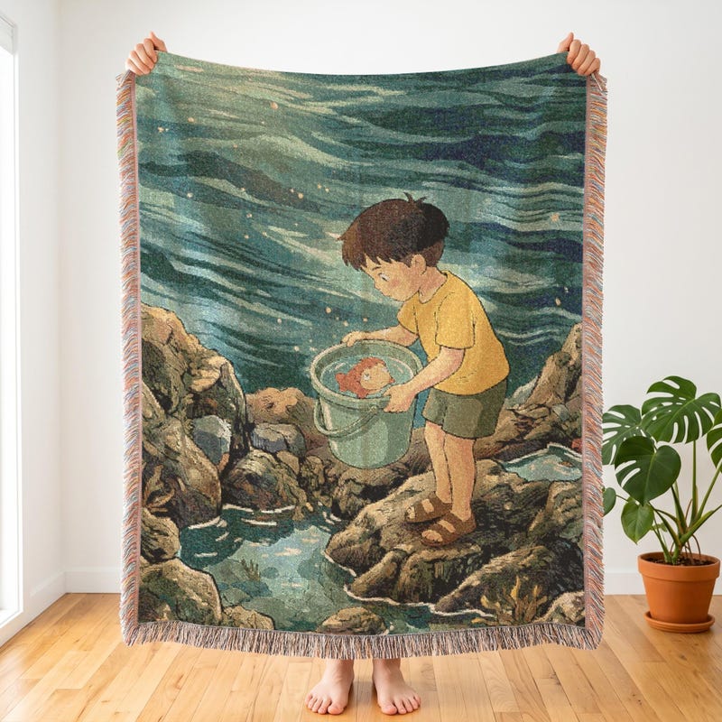 Studio Ghibli Ponyo Inspired Woven Blanket, Coastal Green Bucket Rescue
