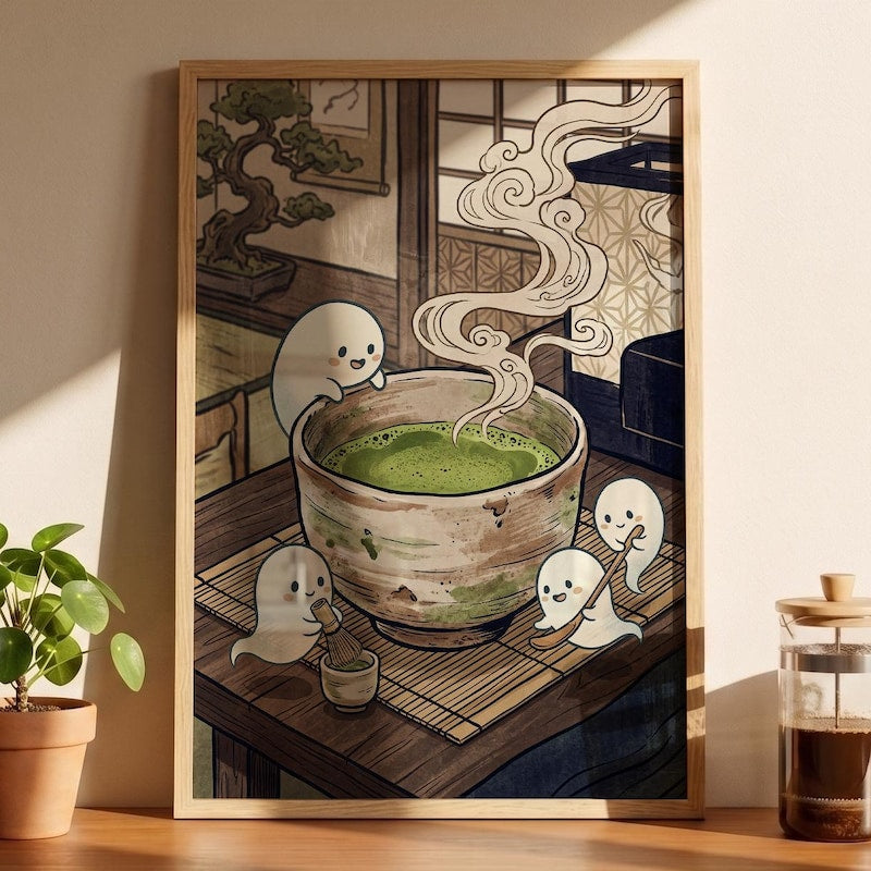 Matcha Tea Yokai Framed Poster, Japanese Folklore Inspired Wall Art