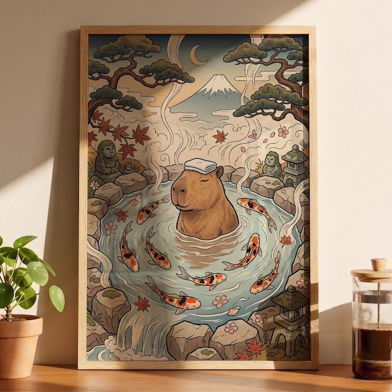 Capybara Onsen Framed Poster, Serene Ukiyo-e Inspired Wall Art