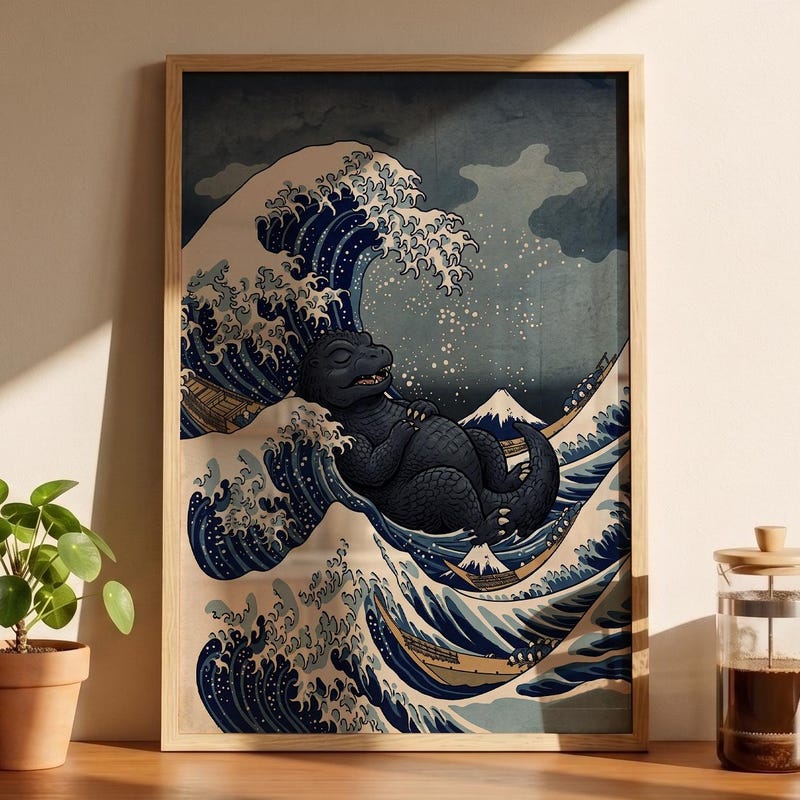 Sleepy Kaiju Framed Poster, Great Wave Inspired Japanese Art