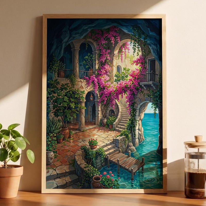Hidden Cove Garden Framed Poster, Porco Rosso Inspired Decor