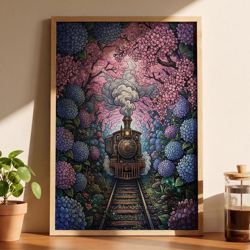 Floral Train Tunnel Framed Poster, Studio Ghibli Inspired Art