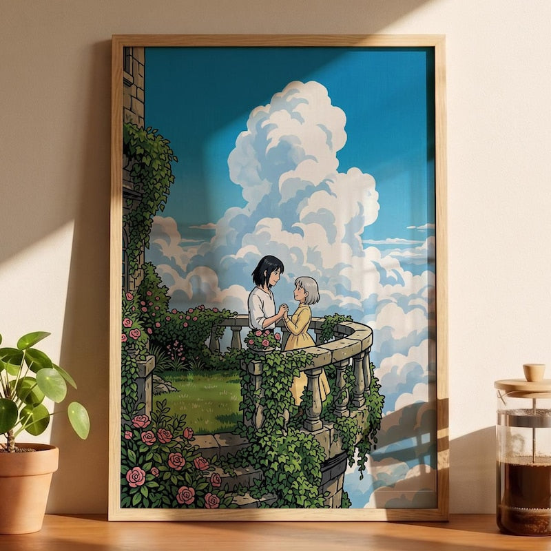 Flying Castle Garden Framed Poster, Howls Inspired Wall Art