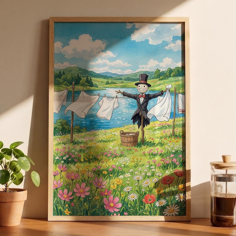 Laundry Day Helper Framed Poster, Howls Inspired Wall Art