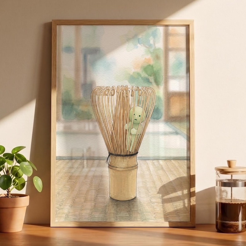 Smiski Inspired Bamboo Whisk Poster, Kawaii Room Wall Art