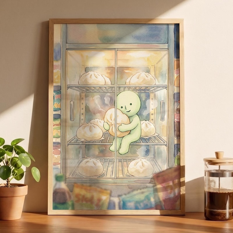 Smiski Inspired Steamed Bun Poster, Kawaii Room Wall Art