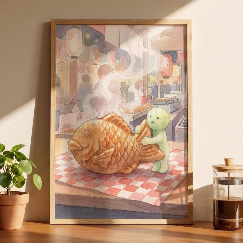 Smiski Inspired Taiyaki Pastry Poster, Kawaii Room Wall Art