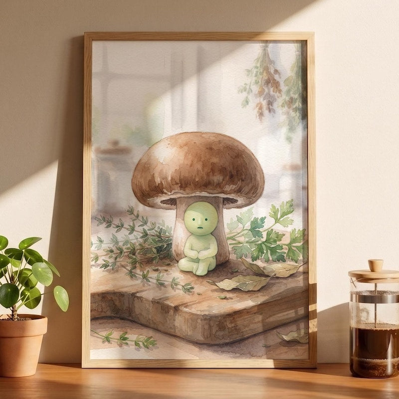 Smiski Inspired Mushroom Poster, Kawaii Room Wall Art