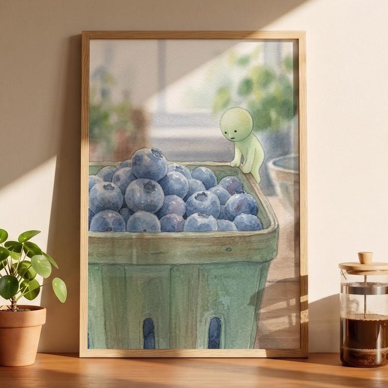 Smiski Inspired Blueberry Basket Poster, Kawaii Wall Art