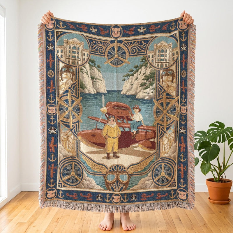 Porco Rosso Inspired Woven Blanket, Pilot Fan Gift & Coastal Decor