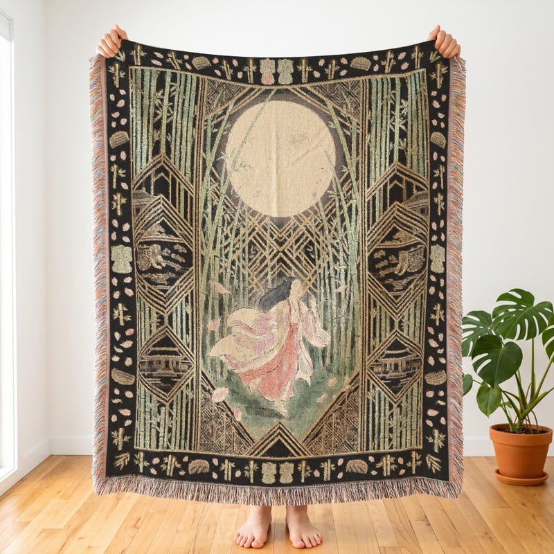 Princess Kaguya Inspired Woven Blanket, Moon Tapestry & Dorm Decor