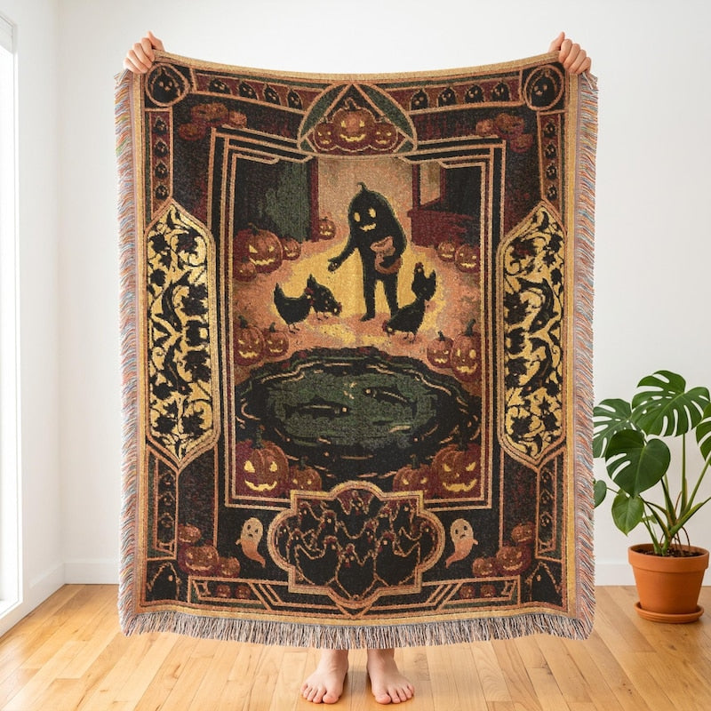 Krobus Autumn Farm Inspired Woven Blanket, Stardew Valley, Cozy Spooky Gamer Art