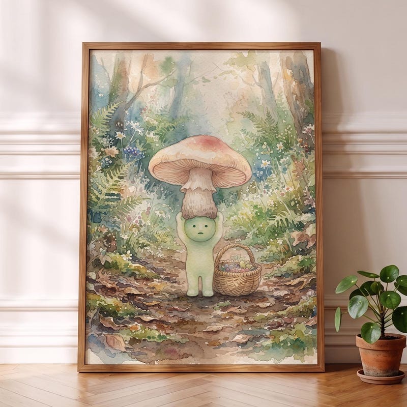 Smiski Inspired Poster, Pastel Woodland Mushroom Art