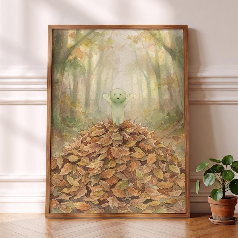 Smiski Inspired Art, Autumn Leaf Pile Jump Print