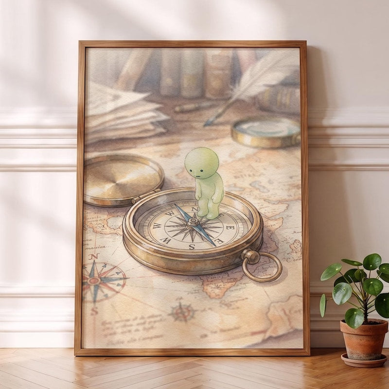 Smiski Inspired Poster, Vintage Brass Compass Art
