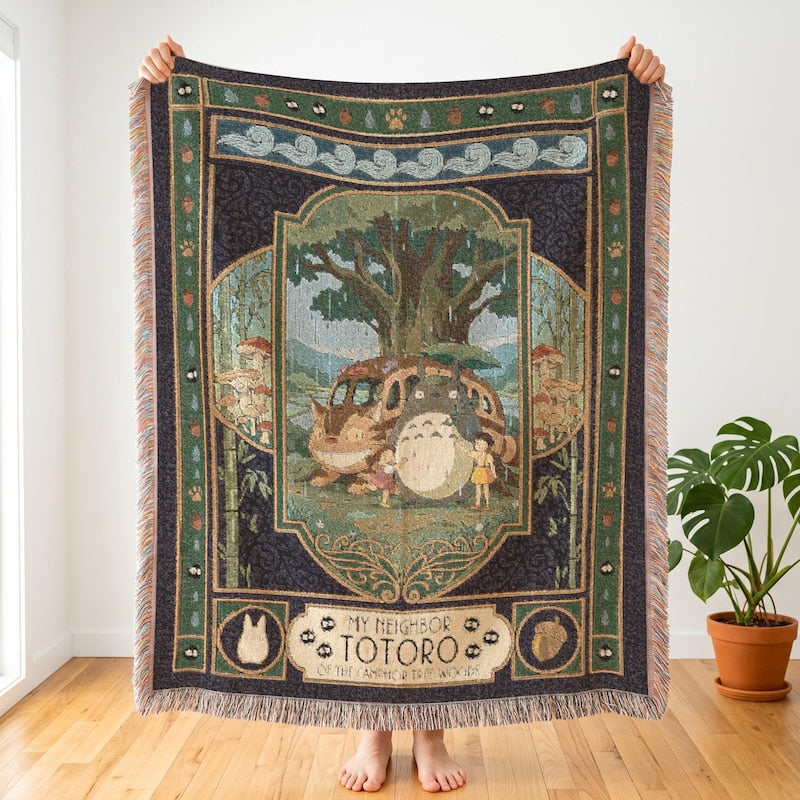 My Neighbor Totoro Inspired Woven Blanket, Anime Art Deco Throw