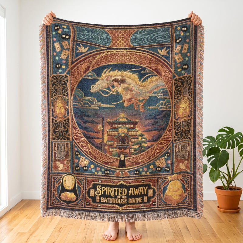 Spirited Away Woven Tapestry Woven Blanket, Magical Bathhouse Dragon Flight (100% Cotton)