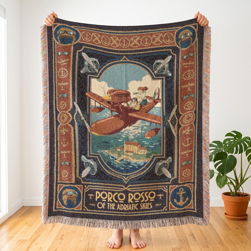 Porco Rosso Inspired Woven Blanket, Vintage Aviation Anime Throw