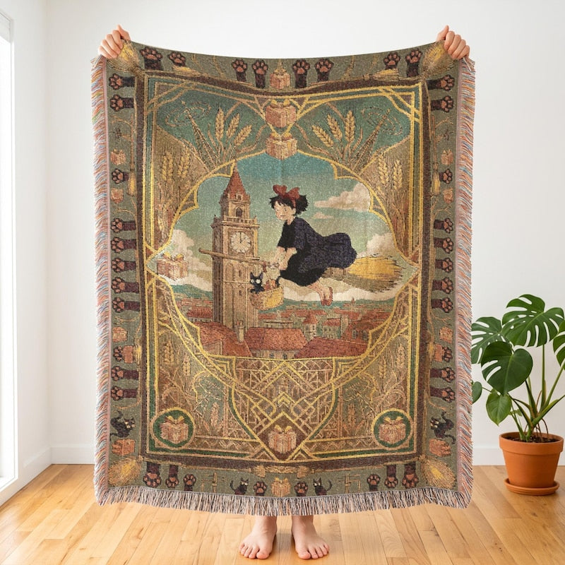 Kiki Koriko City Inspired Woven Blanket, Flying Witch Anime Throw