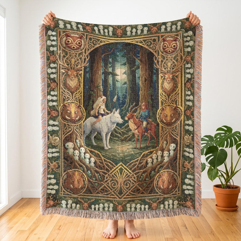 San & Ashitaka Mononoke Inspired Woven Blanket, Anime Forest Throw