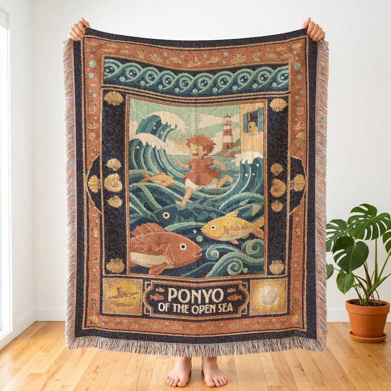 Ponyo Open Sea Inspired Woven Blanket, Soft Watercolor Anime Throw