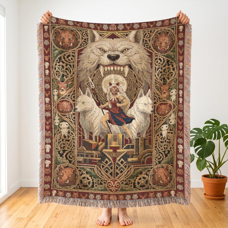 Princess Mononoke Wolf Pact Inspired Woven Blanket, Anime Throw