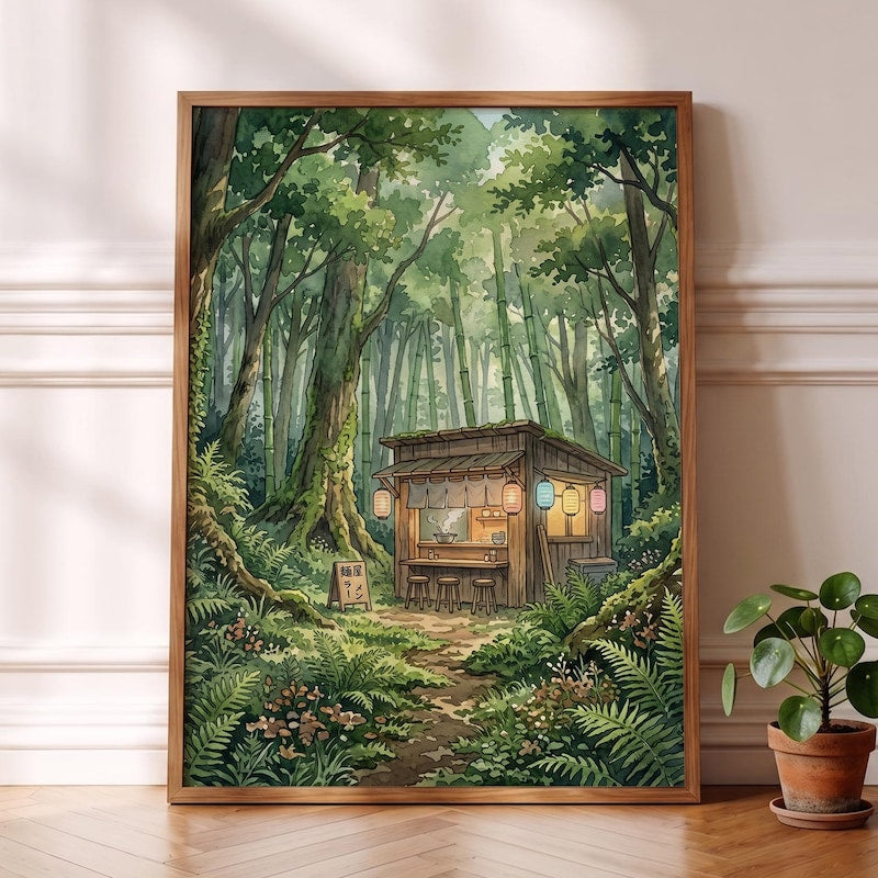 Ghibli-esque Ramen Shop Art, Whimsical Anime Bamboo Forest Poster