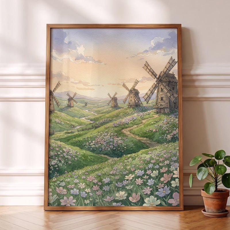 Ghibli-esque Windmill Art, Cozy Anime Watercolor Landscape Poster
