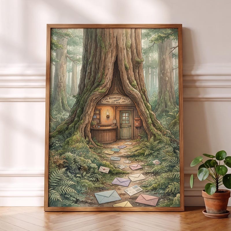 Ghibli-esque Post Office Art, Whimsical Anime Forest Room Decor