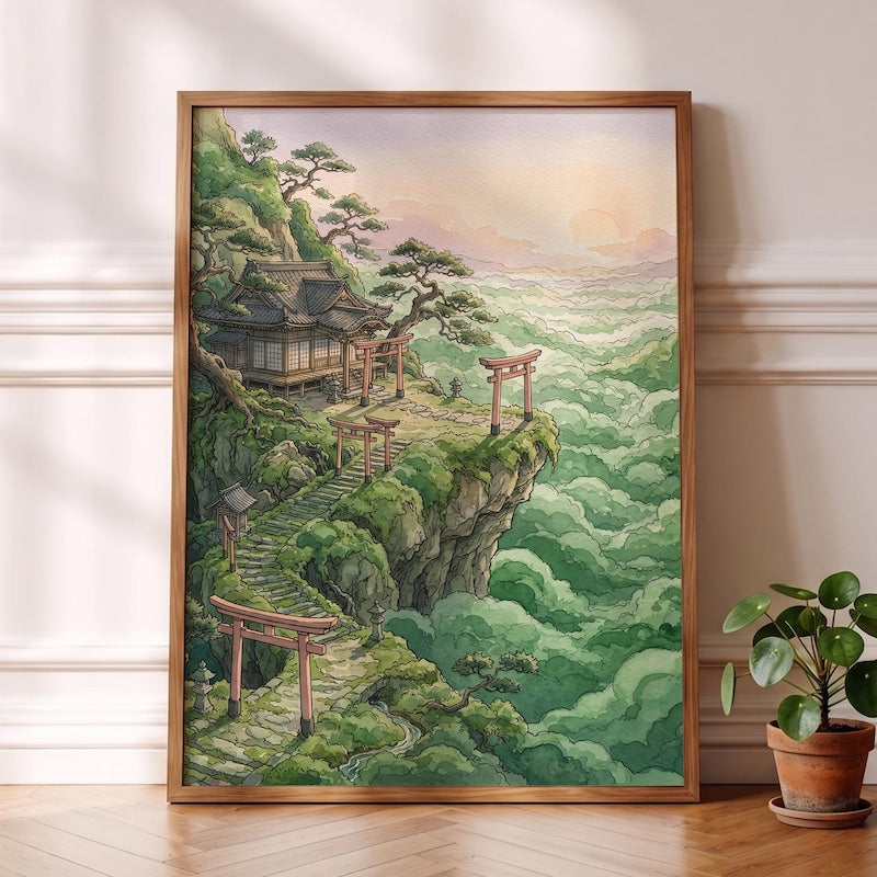 Ghibli-esque Shrine Poster, Tranquil Anime Watercolor Wall Decor