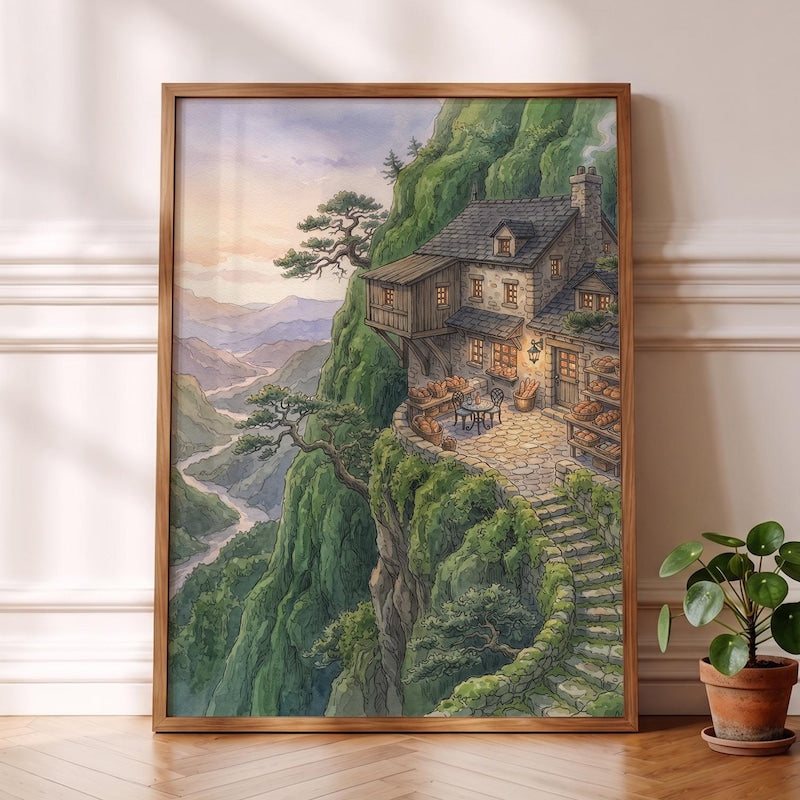 Ghibli-esque Bakery Poster, Whimsical Anime Magical Cliff Decor