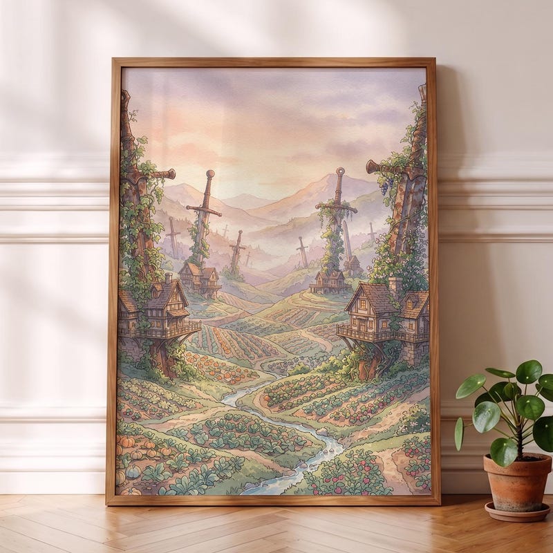 Ghibli-esque Fantasy Poster, Giant Sword Farm Anime Wall Decor