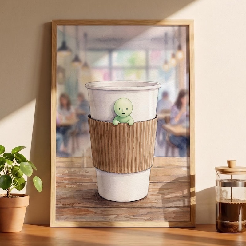 Smiski Inspired Cafe Wall Art, Cozy Coffee Poster