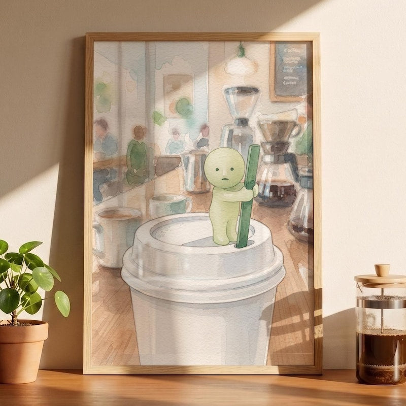 Smiski Inspired Cafe Art, Cute Coffee Cup Lid Poster