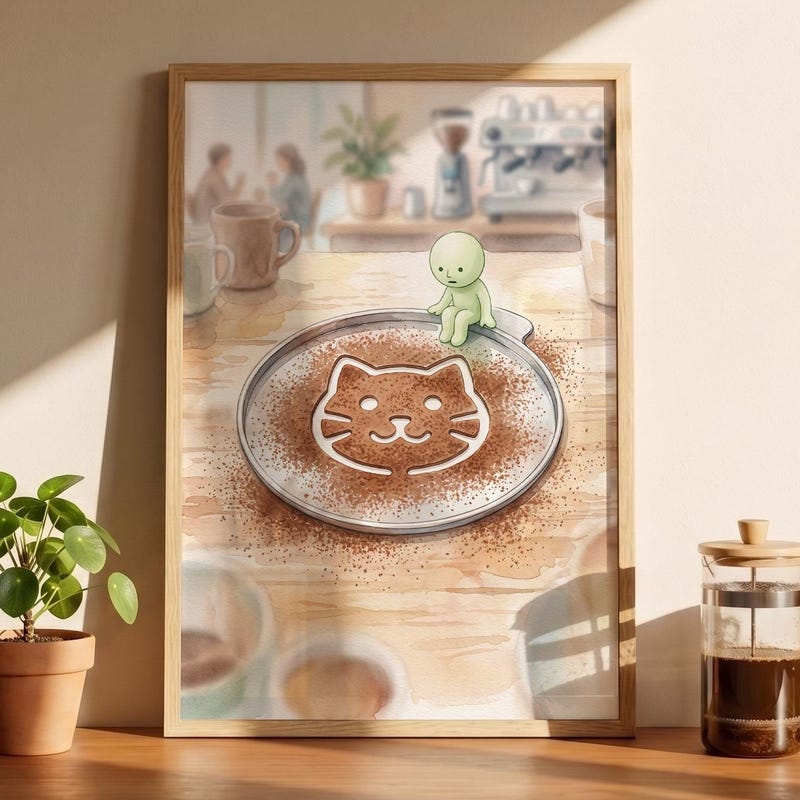 Smiski Inspired Latte Art, Cozy Cocoa Watercolor Print