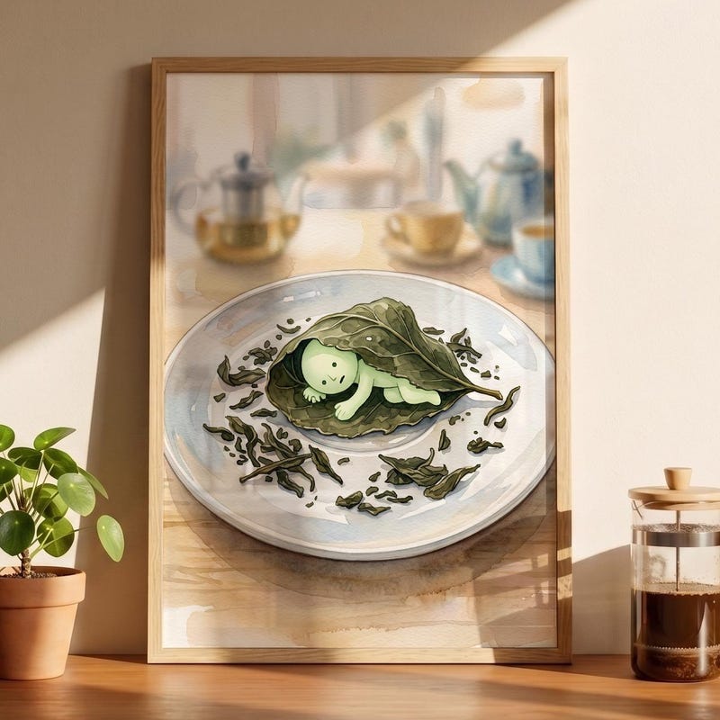 Smiski Inspired Tea Art, Cozy Loose Leaf Watercolor Print