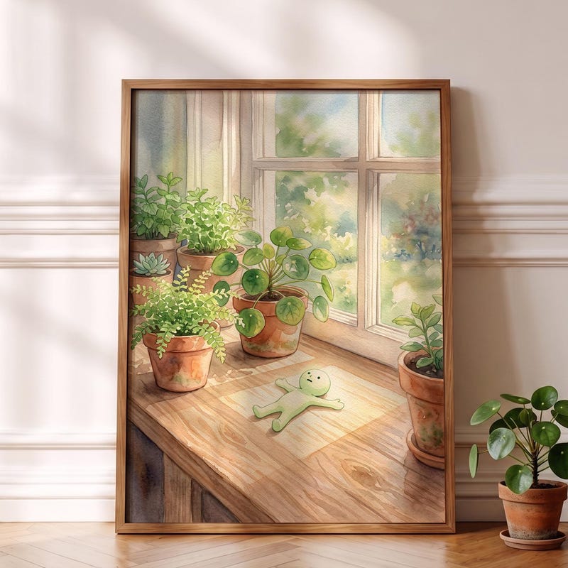Smiski Inspired Poster, Whimsical Watercolor Plant Wall Decor