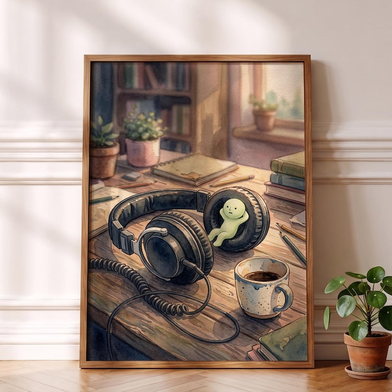 Smiski Inspired Poster, Retro Headphone Cozy Desk Wall Art