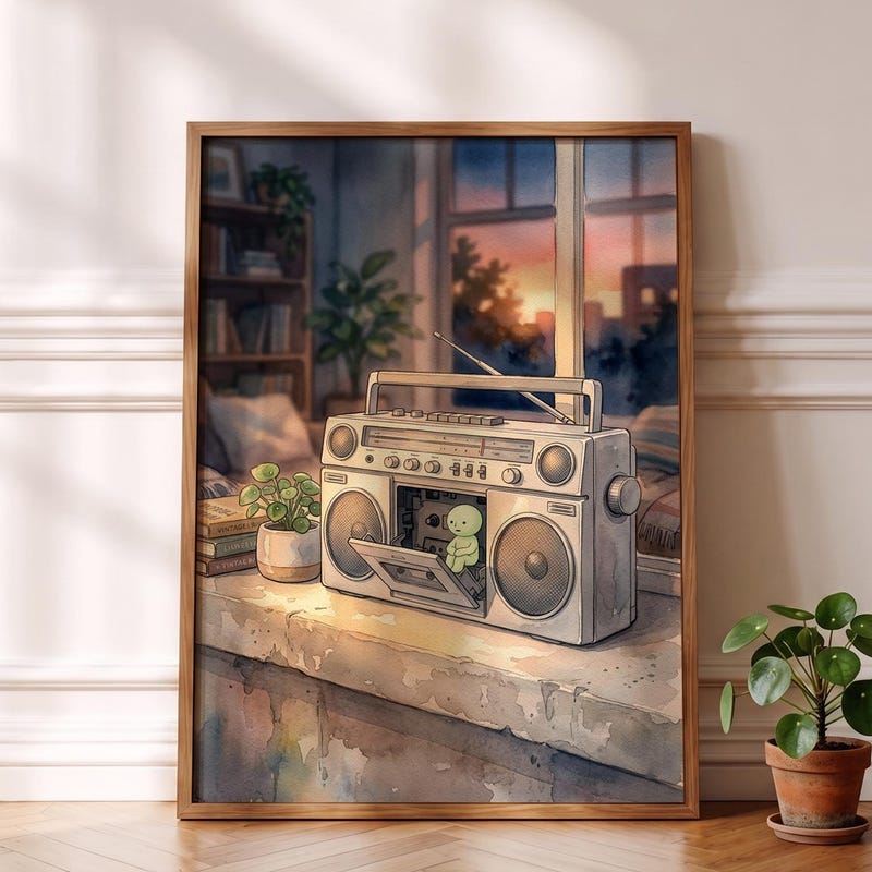 Smiski Inspired Poster, 1980s Retro Boombox Watercolor Decor